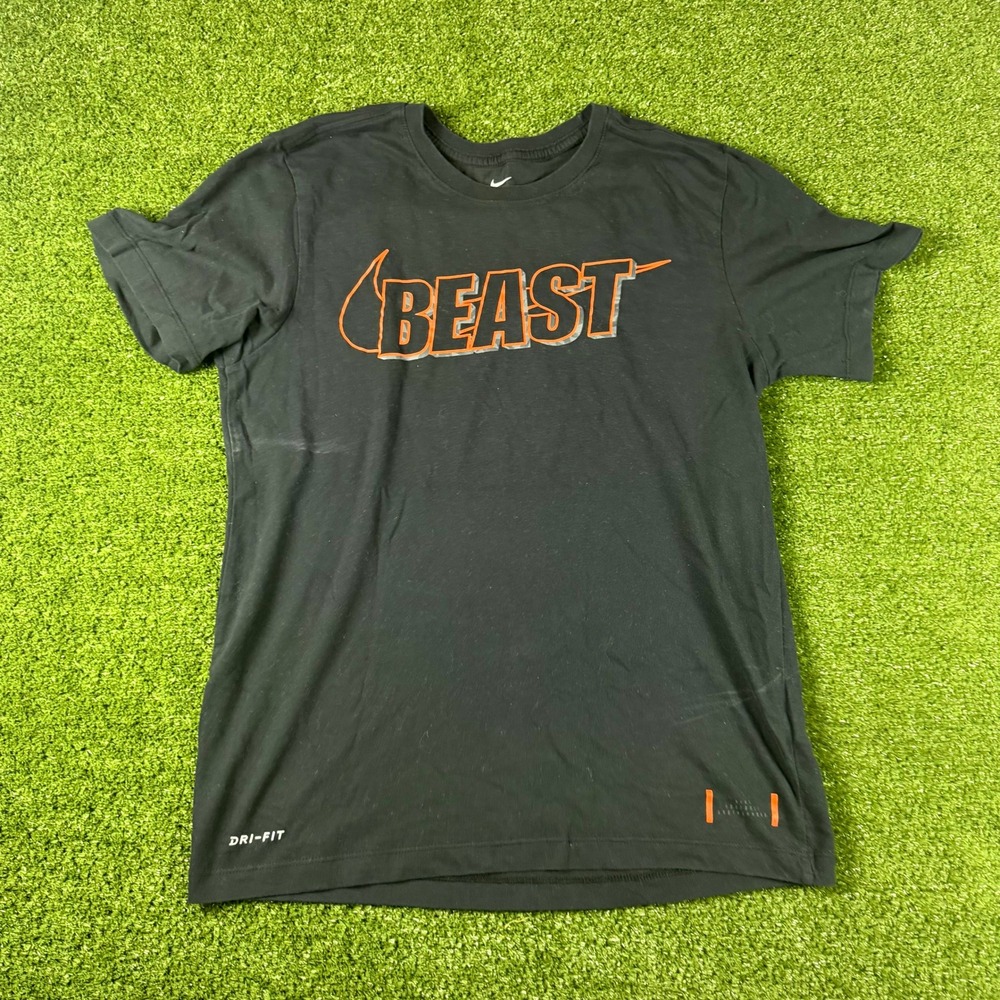 Nike Dri-FIT Beast Graphic T-Shirt Mens Medium Black Orange Swoosh 0667